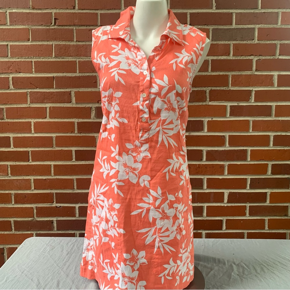 Tommy Bahama coral and white linen spandex sleeveless tropical summer dress- S